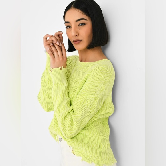 J SOCIETY ACID WASH CREW SWEATER Yellow Neon Knit Frayed - Picture 1 of 7